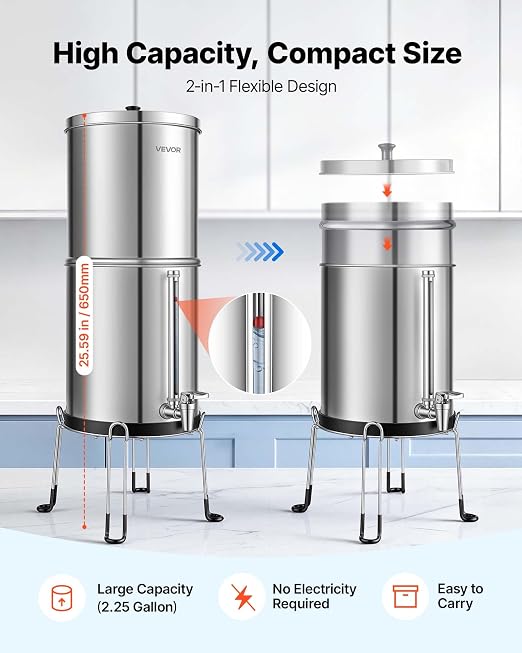 VEVOR Gravity-fed Water Filter System, 2.25G 304 Stainless-Steel Countertop Water Filtration System, Reduces Lead and up to 99% of Chlorine, w/ 2 Carbon Filter, Spigot, Stand
