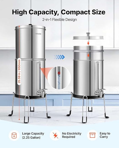 VEVOR Gravity-fed Water Filter System, 2.25G 304 Stainless-Steel Countertop Water Filtration System, Reduces Lead and up to 99% of Chlorine, w/ 2 Carbon Filter, Spigot, Stand