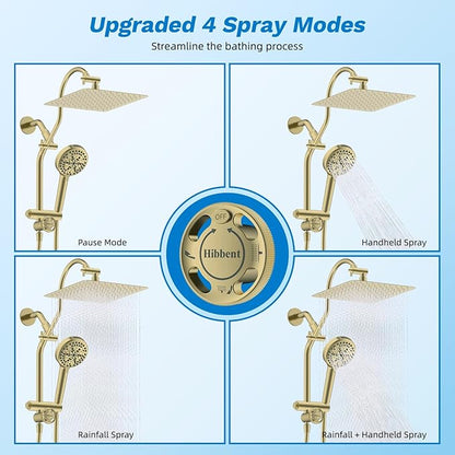 Hibbent cUPC Certified All Metal 10" Rainfall Showerhead Combo, High Pressure Shower Head with 10-Spray Handheld, Innovative 4-way Diverter with Pause Mode, 71'' Shower Hose & Holder, Burshed Gold