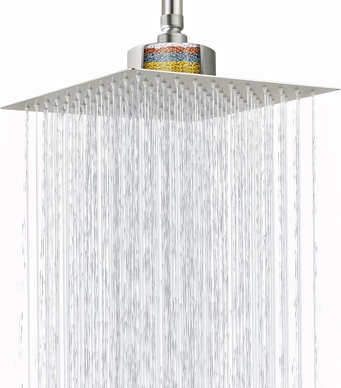 High Pressure Rain Shower Head with Filtered - 8" All Metal Square Showerhead Filter for Remove Chlorine and Harmful Substances, Brushed Nickel