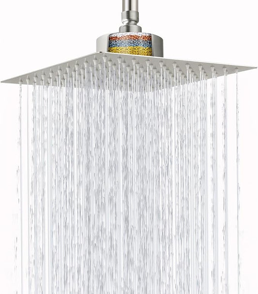 High Pressure Rain Shower Head with Filtered - 8" All Metal Square Showerhead Filter for Remove Chlorine and Harmful Substances, Brushed Nickel
