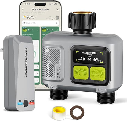 WiFi Water Timer 2 Outlet for Garden Hose, Smart Sprinkler Controller with 984ft RF Range, Smart Lawn Watering System Irrigation Timer, APP/Voice Control, Rain Delay, Manual Irrigation