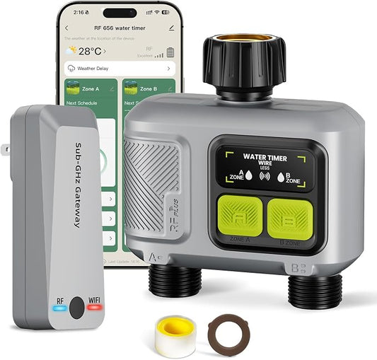 WiFi Water Timer 2 Outlet for Garden Hose, Smart Sprinkler Controller with 984ft RF Range, Smart Lawn Watering System Irrigation Timer, APP/Voice Control, Rain Delay, Manual Irrigation