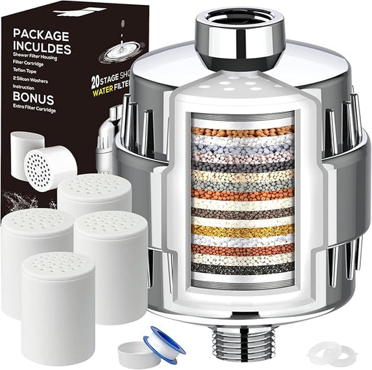 Dwavele 20 Stage Shower Head Filter for Hard Water, Removes Chlorine, Fluoride, Improves Skin and Hair Condition, 4 Cartridges, High Output, Wide Compatibility