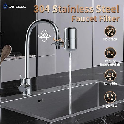 WINGSOL Stainless Steel Water Filter for Sink Faucet, NSF/ANSI 42&53, 360° Rotating Tap Purifier, Reduce Heavy Metals 99.6% Lead, Improve Taste, 250 Gallons Mineral pH+ Water, Reinforced Housing