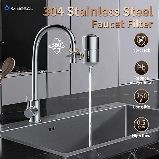 WINGSOL Stainless Steel Water Filter for Sink Faucet, NSF/ANSI 42&53, 360° Rotating Tap Purifier, Reduce Heavy Metals 99.6% Lead, Improve Taste, 250 Gallons Mineral pH+ Water, Reinforced Housing