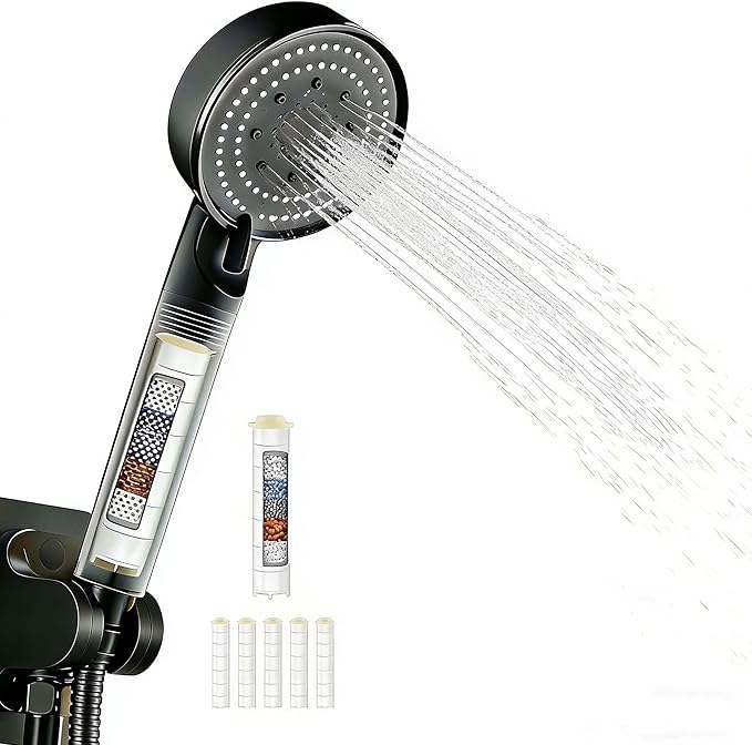 Shower Head High Pressure Black, 5-Spray Filtered Showerhead with Water Softener Beads & ON/OFF Switch for Daily & Pet Care – Removes Chlorine, Softens Hard Water, Reduces Dry Itchy Skin
