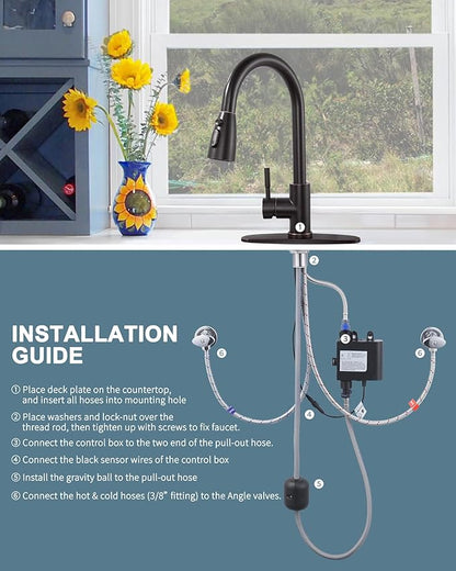 Touchless Kitchen Faucet Stainless Steel: WOWOW Smart Motion Sensor Kitchen Sink Faucet with Sprayer, Automatic Hand-Free Oil Rubbed Bronze Kitchen Faucet for Sink 1 or 3 Hole