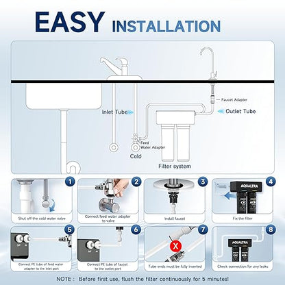 AQUALTRA USF-2F-15 Slightly Alkaline Under Sink Filter System, 28K Gal with Faucet, Reduce PFOA, PFOS, Chlorine, Lead, Mercury, Chloramine, Fluoride, Microplastics Particles, Bad Taste & Odor