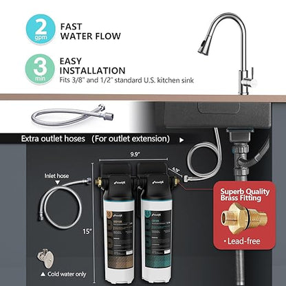 Frizzlife DW10 Under Sink Water Filter System, NSF/ANSI 53&42 Certified Elements, Reduces 99.99% Lead, Chlorine, Fluoride, Bad Taste & Odor, Direct Connect, 0.5 Micron, USA Tech