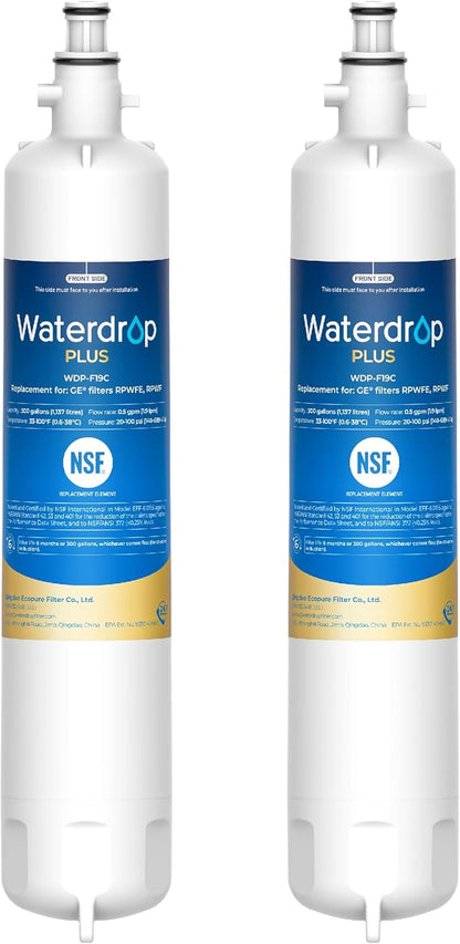 Waterdrop Plus WDP-F19C Replacement for GE® RPWFE®, RPWF (with CHIP) NSF 401 Refrigerator Water Filter, Compatible with WSG-4, GFE28GBLTS, GFE28GSKSS, PFE28KMKES, 2 Filters（Package May Vary）
