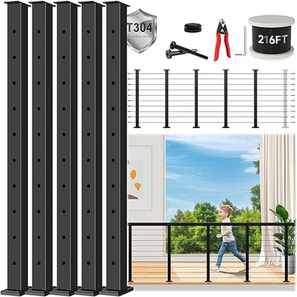 36" Modular 16-20FT Black T304 Cable Railing Post Kit, Complete Cable Railing System with 5 Level Posts & 216ft 1/8" Wire Rope(No Handrail), Adjustable Length Easy DIY for Decks/Porch