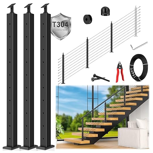 36" Modular 8-12FT Black T304 Stair Cable Railing Post Kit, Cable Railing System with 3 Stair Posts, 134ft 1/8" Wire Rope(No Handrail), Adjustable Length Easy DIY for 28-38° Stairway