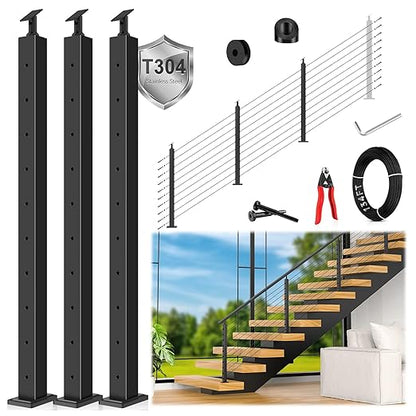 36" Modular 8-12FT Black T304 Stair Cable Railing Post Kit, Cable Railing System with 3 Stair Posts, 134ft 1/8" Wire Rope(No Handrail), Adjustable Length Easy DIY for 28-38° Stairway