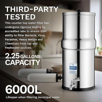 Survivor Filter Ultra Gravity Water Filter System - Stainless Steel Countertop Gravity Fed Water Filter, 2.25 Gallon, for Home and Outdoors - Removes Bacteria, Viruses, and Parasites