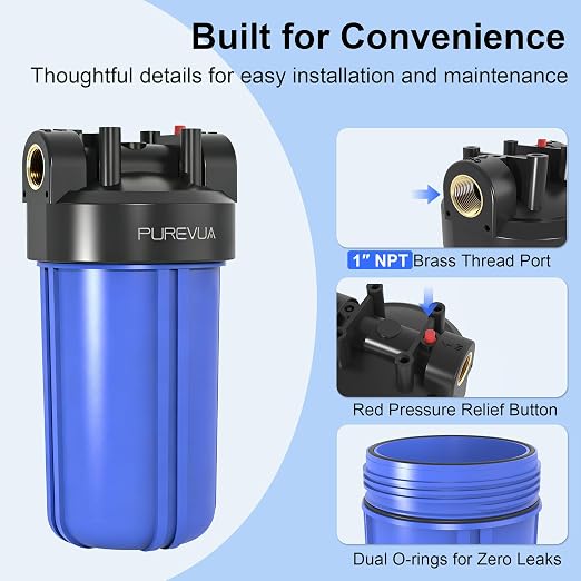 PWB10 Whole House Water Filter Housing, Fits 10” x 4.5” Big Blue Filters, Inline Pre-Filtration System for RV, Home Well and City Water Sediment etc with 1" NPT Port, Pressure Relief Valve