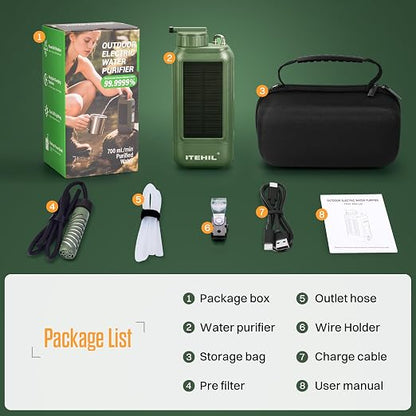 ITEHIL Portable Electric Water Filter, 0.01 Micron Camping Water Purifier with Solar, Outdoor Water Purification System for Camping, Hiking, Emergency & Survival