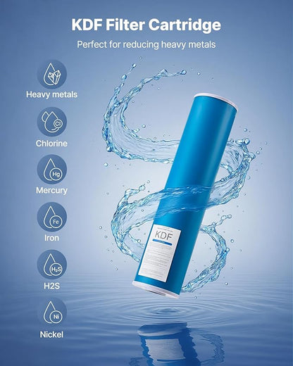 VEVOR KDF Whole House Water Filter, 20 x 4.5 Inch Universal Fit Cartridge, 100,000 Gal Capacity, Coconut Shell GAC + Copper Zinc Alloy, Reduces Heavy Metals, Chlorine, Bad Taste & Odor