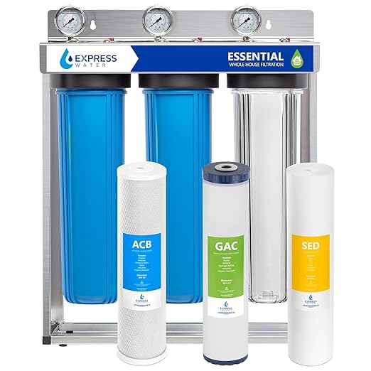 Express Water Whole House Water Filter System, 3 Stage Whole Home Filter Reduces Chlorine, Chloramine and More for Healthier Skin, Includes Free-Standing Stainless Steel Frame & 3 Pressure Gauges