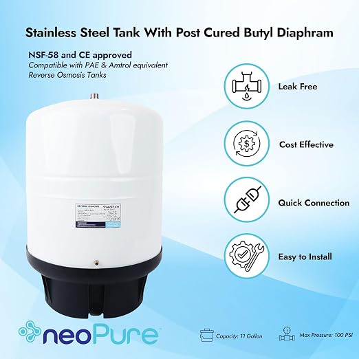 NeoPure 11 Gallon Reverse Osmosis Water Storage Tank, White – Pressurized RO Bladder Tank for Residential Drinking Water Filtration Systems, 15.1 x 20.1 Inches