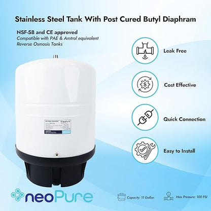 NeoPure 11 Gallon Reverse Osmosis Water Storage Tank, White – Pressurized RO Bladder Tank for Residential Drinking Water Filtration Systems, 15.1 x 20.1 Inches