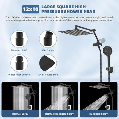 12“ All Metal Black Rain Shower Head with Handheld Spray Combo, High Pressure Rainfall Shower Head with16" Shower Extension Arm, 5“ Handheld Spray Powerful Clean 10-Mode, 3-Way Diverter, Shower Hose