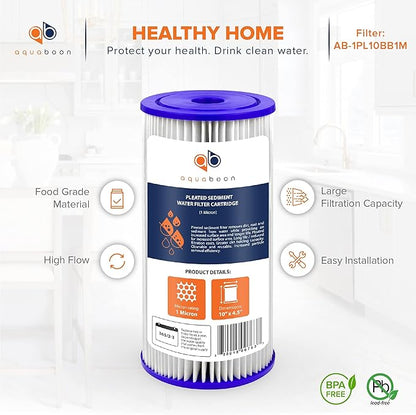 Aquaboon 1 Micron Pleated Water Filter 10 x 4.5 for Whole House Sediment Water Filter Replacement Compatible with Well Filters FXHSC, R50-BBSA (2-PACK)