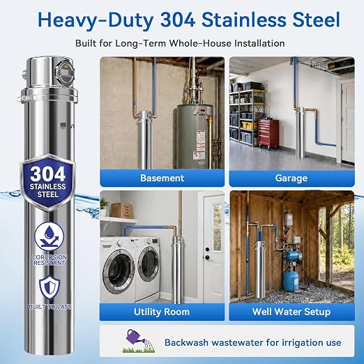 Whole House Water Filter 6-Year Backwash Filtration System Stainless Steel | 880K GL, 6 Year Backwash Filter, 0.01μm UF Filtration, 304 Stainless Steel, High Flow Whole House, for Well/Tap/Lake Water