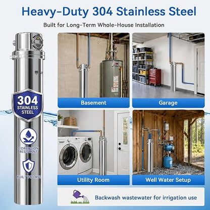 Whole House Water Filter 6-Year Backwash Filtration System Stainless Steel | 880K GL, 6 Year Backwash Filter, 0.01μm UF Filtration, 304 Stainless Steel, High Flow Whole House, for Well/Tap/Lake Water