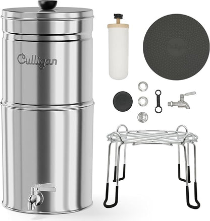 Culligan MaxClear 3 Gallon Gravity Water Filter System, Polished Stainless-Steel Countertop Water Filter NSF/ANSI Certified to Reduce Microplastics, Lead & Total PFAS, with 1 Ceramic Filter