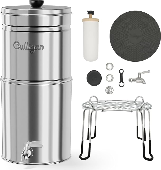 Culligan MaxClear 3 Gallon Gravity Water Filter System, Polished Stainless-Steel Countertop Water Filter NSF/ANSI Certified to Reduce Microplastics, Lead & Total PFAS, with 3 Ceramic Filters