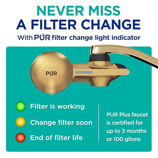 PUR Plus Faucet Mount Water Filtration System with Lead Reducing Mineral Core Faucet Filter, Water Filter that Attaches to Kitchen Sink, Horizontal, Brass, PFM410F