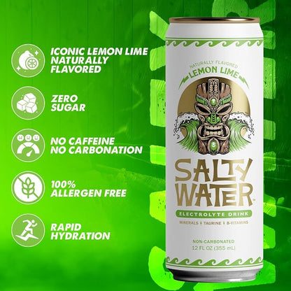 SaltyWater Electrolyte Drink, Lemon Lime – Zero Sugar Premium Hydration Drink, 10 Calories, Minerals, Taurine, B-Vitamins, Non-Carbonated - Zero Caffeine Electrolyte Sports Drink - Gluten Free - 12 Pack (12 oz)