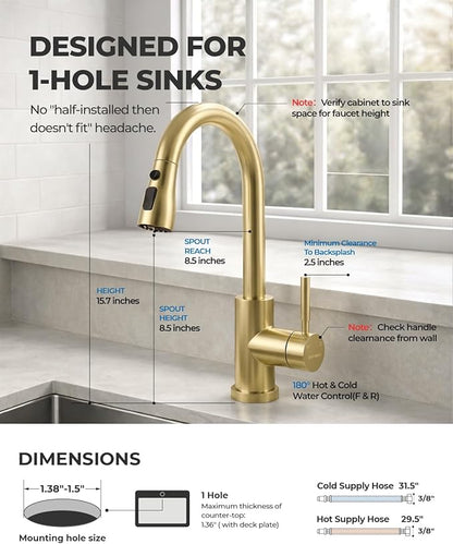 WEWE Kitchen Faucets with Pull Down Sprayer, Stainless Steel Single Handle 1 Hole for Family Kitchen Commercial Camper Laundry Rv Bar, Gold
