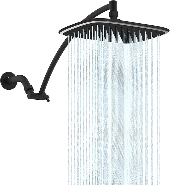 iFealClear Black Rain Shower Head with 16" Shower Extension Arm, 10" High Pressure Boosting Rainfall/Fixed Showerhead, Stainless Steel Shower Head Extender Adjustable Height/Angle, Easy 1-Min Install