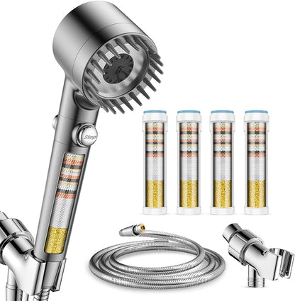 Filtered Shower Head with Handheld with 4PCS Filters, High Pressure 4 Spray Modes Shower heads with Filter, IronDrops Water Softener Filter for Hard Water 70" Hose (Grey)