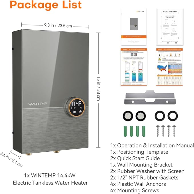 14.4kW Tankless Water Heater Electric 240V, On Demand Hot Water, Automatically Maintains Water Temperature, Up to 3.5 GPM, WiFi Control, ETL Eertified, Eco, WM15V Plus