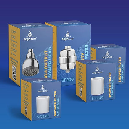 AquaBliss SF220 Multi-Stage Shower Filter w/Replaceable Cartridge - TurboSpa 3 Inch High Pressure Shower Head w/Flow Restrictor - w/ 3 AquaBliss SFC220 Replacement Multi-Stage Shower Filter Cartridge