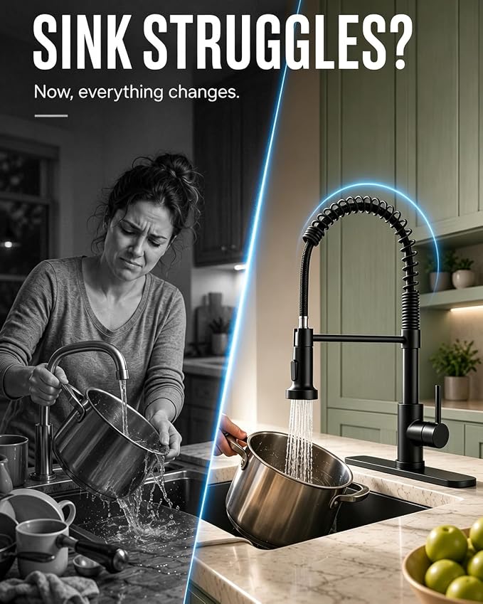 Matte Black Kitchen Faucet with Pull-Down Sprayer — Commercial Spring High-Arc Single-Handle Sink Faucet, Fits 1 or 3 Hole for Farmhouse, Bar, Camper and Laundry Room