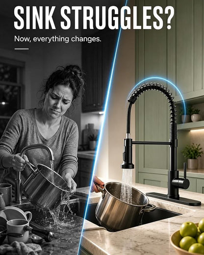 Matte Black Kitchen Faucet with Pull-Down Sprayer — Commercial Spring High-Arc Single-Handle Sink Faucet, Fits 1 or 3 Hole for Farmhouse, Bar, Camper and Laundry Room