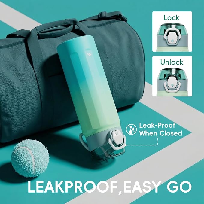 Konokyo FLOWPLAY 18oz Locking Push-Button Water Bottle with Silicone Spout,Leak-Proof,18/8 Stainless Steel Double-Wall Vacuum Insulated for Sports and Travel,BPA-Free,Mint