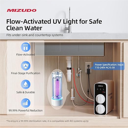 MIZUDO LED UV Water Filter for Under Sink Water Filter System and RO System, Reduce up to 99.9% of Harmful Substances, FCC Certified, Stainless Steel, Mercury-Free for 800GPD RO Max