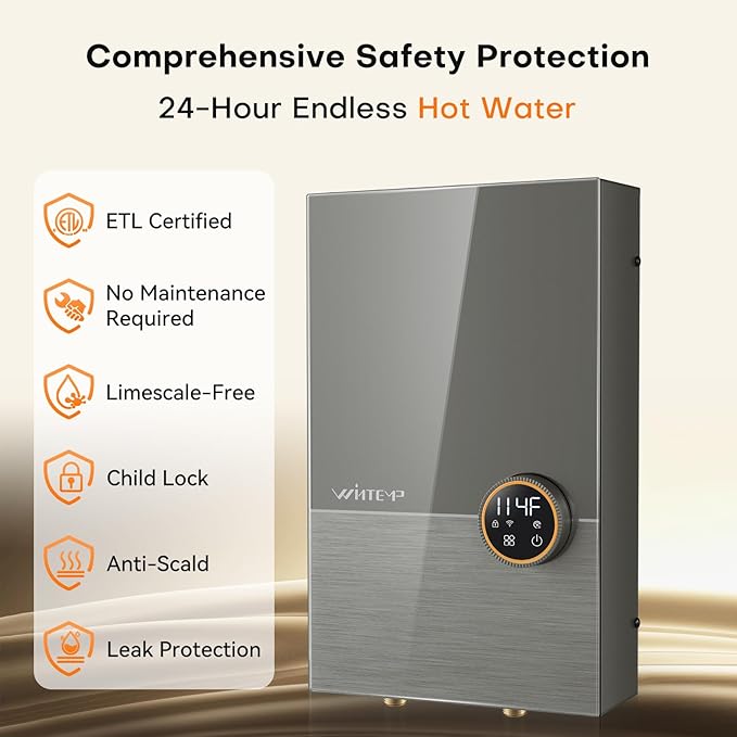12kW Tankless Water Heater Electric 240V, On Demand Hot Water, Automatically Maintains Water Temperature, Up to 2.8 GPM, WiFi Control, ETL Eertified, Eco, WM12V Plus
