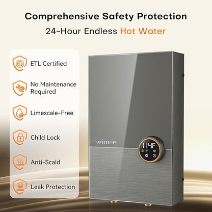 12kW Tankless Water Heater Electric 240V, On Demand Hot Water, Automatically Maintains Water Temperature, Up to 2.8 GPM, WiFi Control, ETL Eertified, Eco, WM12V Plus