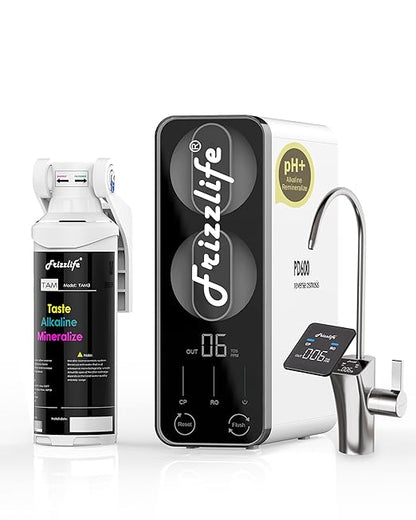 Frizzlife Reverse Osmosis Water Filter - Alkaline Mineral pH+, NSF/ASNI 58&53&42&372 Standard, 600GPD Tankless RO Reverse Osmosis System, Under Sink, 2:1 Pure to Drain, Smart LED Faucet, PD600-N