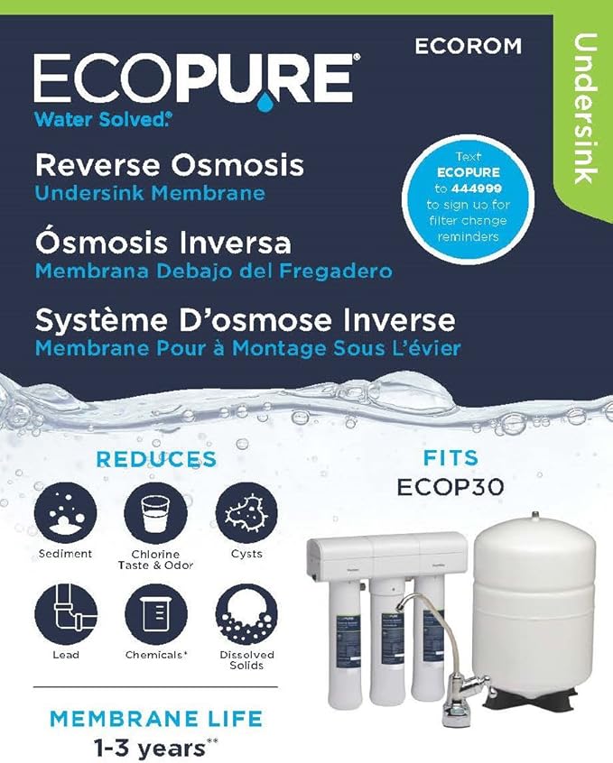 EcoPure ECOROM Reverse Osmosis Under Sink Replacement Water Membrane | NSF Certified | Fits Ecop30 System | 1-3-Year Filter Life, 0.9, White (Pack of 4)