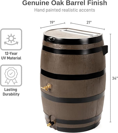 RTS Home Accents Polyethylene 50 Gallon Flat Back Dual Brass Spigot Rain Barrel, Woodgrain with Black Stripes Color