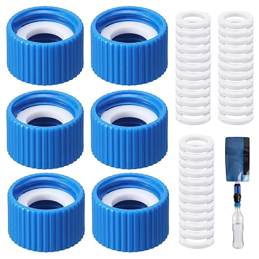 Gerrii 6 Pcs Water Filter Coupling Kit Compatible with SP150, 28 mm Threaded Filtration Couplings for Standard Plastic Bottles, Cleaning Couplers with Gasket Seals for Hiking, Camping (Blue)