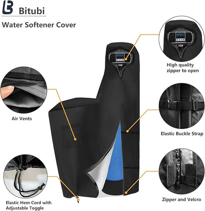 Bitubi Water Softener Cover with Split Zipper,Outdoor Water Softener Brine Tank Cover,Waterproof Anti-UV(64" H x 40" W x 16" D, Black) All Weather Protection