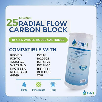 Tier1 25 Micron 10 x 4.5 Whole House Radial Flow Carbon Block Water Filter | Replacement for Pentek RFC-BB, FXHTC, 155141-43, WRC25HD | High Flow Filtration | 4.5 x 10 Water Filter Cartridge (2-Pack)